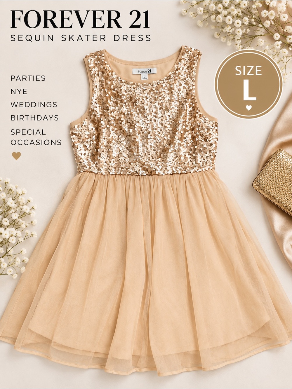 Forever 21 Gold Sequin Fit & Flare Mini Dress Size L Party NYE